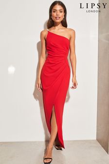 Rood - Lipsy lange jurk met een blote schouder, kettingbandje en splitdetail (K30147) | €132