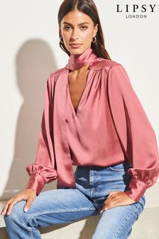 Różowy - Bluzka Lipsy z długim rękawem i wiązaniem pod szyją (K30202) | 100 zł