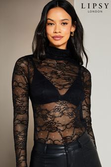 Lipsy Black lace Mesh Long Sleeve High Neck Rib Top (K30206) | €26