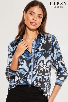 Черно-синий с принтом птиц - Lipsy рубашка на пуговицах с воротником (K30211) | €20