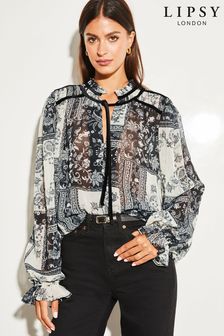 Lipsy Black Paisley Sheer Tie Neck Long Sleeve Blouse (K30213) | €12.50