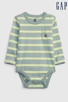 Gap Grey & Yellow Brannan Bear Pocket Stripe Long Sleeve Baby Bodysuit (K30546) | €5.50