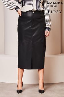 Lipsy Black Curve Faux Leather Split Hem Midi Skirt (K30729) | €53
