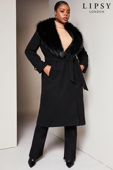 Lipsy Black Curve Faux Fur Collar Belted Longline Wrap Coat (K30741) | $202