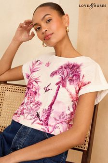 Love & Roses Pink Scenic Tropical Print Crew Neck Woven Trim Linen Look Jersey T-Shirt (K30847) | €37