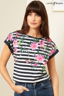 Love & Roses Navy Blue Stripe Floral Crew Neck Woven Trim Linen Look Jersey T-Shirt (K30854) | €30