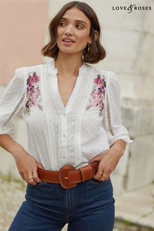 Love & Roses White Embroidered Frill V Neck Lace Trim Blouse (K31109) | €33