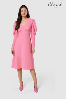 Closet Pink V-Neck A-line Puff Sleeve Dress (K31129) | €31