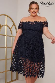 Chi Chi London Plus Size Bardot Lace Midi Dress (K32268) | kr1 650