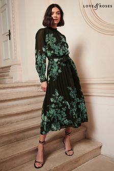 V&A | Love & Roses Green Floral Print Ruffle Neck Pleated Long Sleeve Midi Dress (K32550) | SGD 97