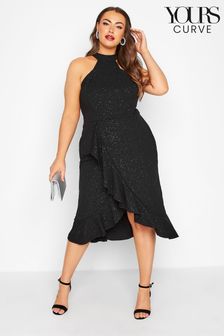 Yours Curve Black London Glitter Ruffle Choker Dress (K33136) | 30 €