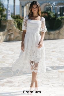 Lipsy White Premium Square Neck Puff Sleeve Lace Belted Skater Dress (K33367) | €70