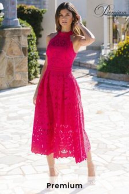 Lipsy Pink Premium Halter Lace Midi Dress (K33425) | kr1,472