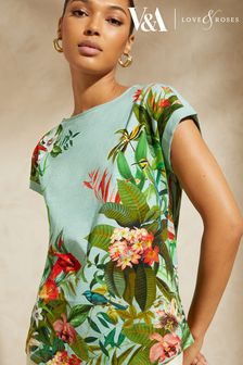 V&A l Love & Roses Blue Floral Roll Sleeve T Shirt (K33576) | $36