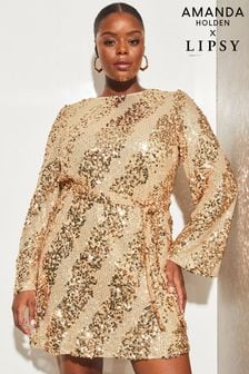 Lipsy Gold Curve Long Sleeve Round Neck Sequin Belted Shift Dress (K33590) | 58 €