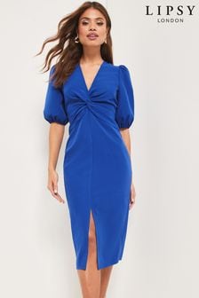 Lipsy Cobalt Blue Puff Sleeve Knot Front Bodycon Dress (K33616) | kr619