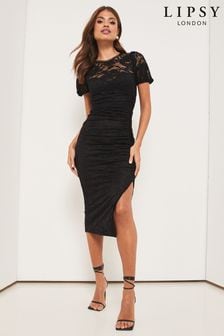 Lipsy Black Ruched Front Lace Puff Sleeve Midi Dress (K33617) | €25