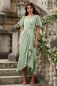 Серовато-зеленый - Платье макси для подружки невесты с запахом и расклешенными рукавами Lipsy (K33729) | €62
