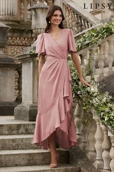 Lipsy Pink Flutter Sleeve Wrap Front Bridesmaid Maxi Dress (K33733) | OMR25