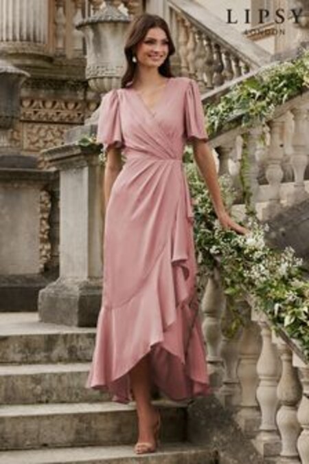 Lipsy Pink Flutter Sleeve Wrap Front Bridesmaid Maxi Dress (K33733) | €61