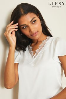 Lipsy White Satin Lace Trim V Neck Short Sleeve T-Shirt (K34056) | 11,770 Ft