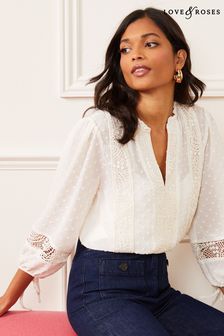 Love & Roses Ivory Ruffle Neck Lace Trim Tie Cuff 3/4 Sleeve Dobby Blouse (K34477) | €33