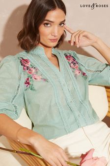 Love & Roses Green Embroidered Frill V Neck Lace Trim Blouse (K34565) | CHF 46