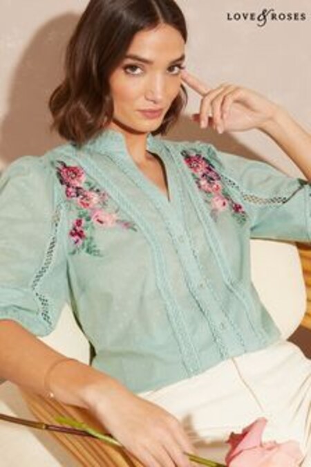 Love & Roses Green Embroidered Frill V Neck Lace Trim Blouse (K34565) | OMR16