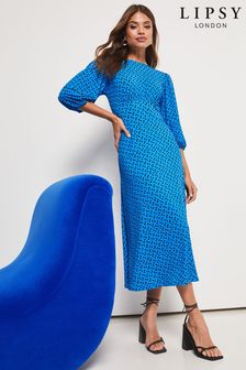 Lipsy Cyan Polka Dot Jersey Puff Short Sleeve Underbust Summer Midi Dress (K34573) | kr750