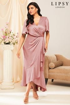 Lipsy Pink Curve Flutter Sleeve Wrap Front Bridesmaid Maxi Dress (K34578) | €59