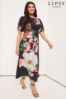 Czarna, w kwiaty - Letnia sukienka midi Lipsy z dzianiny z bufiastymi rękawami (K34596) | 155 zł