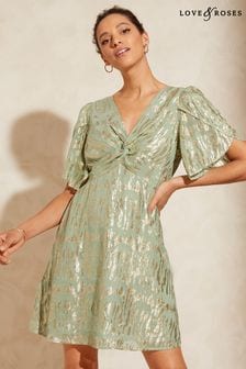 Love & Roses Sage Green Metallic Twist Front Flutter Sleeve Mini Dress (K34627) | €67