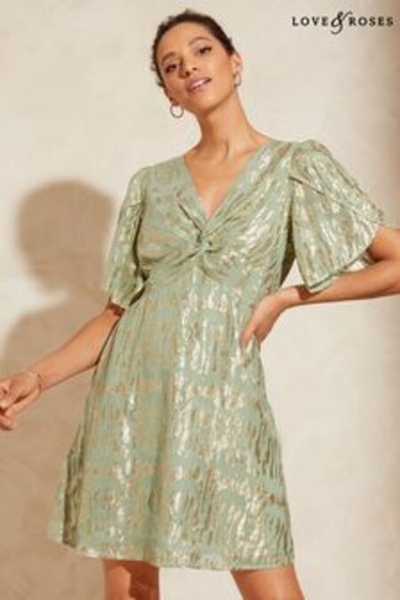 Love & Roses Sage Green Metallic Twist Front Flutter Sleeve Mini Dress (K34627) | $87