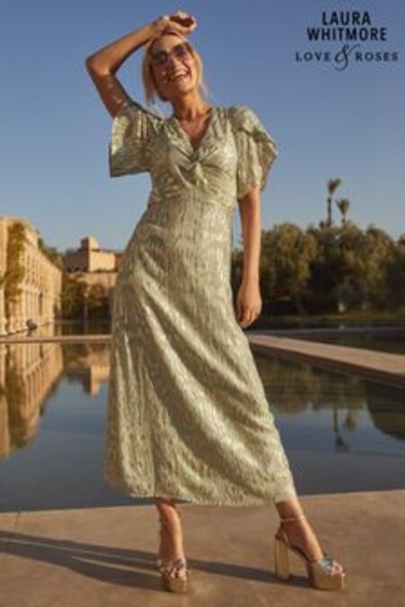 Love & Roses Sage Green Metallic V Neck Twist Front Flutter Sleeve Midi Dress (K34628) | $102