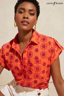 Love & Roses Orange Contrast Roll Short Sleeve Pocket Button Up Shirt (K34634) | $44