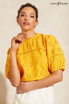 Love & Roses Yellow Broderie Round Neck Lace Trim Puff Sleeve Top (K34659) | 110 zł