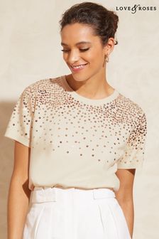 Love & Roses White Sequin Fine Gauge Knit T Shirt (K34695) | €20.50