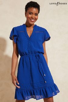 Love & Roses Cobalt Blue Dobby Lace Ruffle Frill V Neck Tie Front Short Sleeve Trim Skater Dress (K34936) | €61