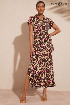 Love & Roses Camel Pink Animal Jersey Belted Collared Short Sleeve Midi Split Shirt Dress (K35038) | 54 €