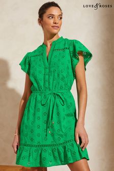 Love & Roses Green Broderie Lace Ruffle Frill V Neck Tie Front Short Sleeve Trim Skater Dress (K35063) | 35 €