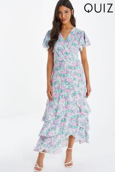 Quiz Pink & Green Floral Smudge Print Frill Maxi Dress (K35076) | LEI 328