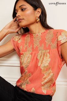 Coral Jacquard - Love & Roses Shell-Top mit gesmokter Passe (K35143) | 48 €