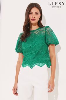 Lipsy Green Placed Lace Puff Sleeve Scallop Hem Blouse (K35416) | €28