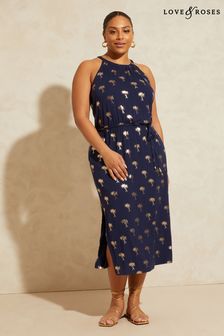 Love & Roses Navy Foil Palm Curve Print Jersey Halter Waist Tie Midi Dress (K35474) | €46