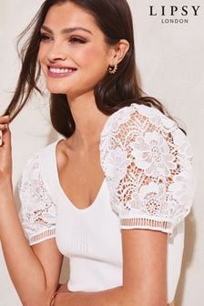 Lipsy Ivory White Broderie Puff Sleeve Knitted Top (K35502) | €18