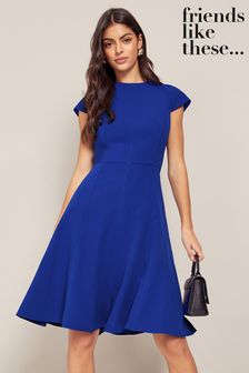 Friends Like These Cobalt Blue Petite Tailored Fit and Flare Short Sleeve Skater Dress (K35604) | SGD 59