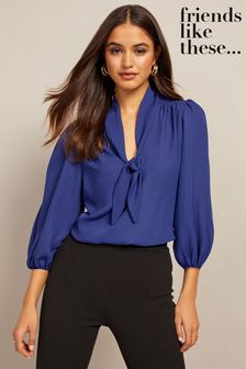 Friends Like These Blue V Neck Bow Front 3/4 Sleeve Blouse (K35621) | EGP1,140