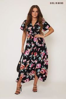 Girl In Mind Black and Pink Floral Farren Wrap Maxi Dress (K35632) | €18