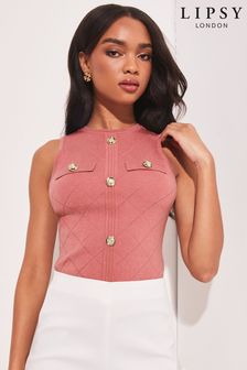 Lipsy Pink Pointelle Quilt Stitch Button Sleeveless Knitted Top (K35707) | €35