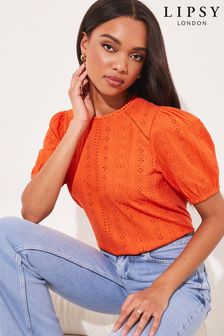 Lipsy Orange Broderie Front Half Sleeve T Shirt (K35754) | CHF 29